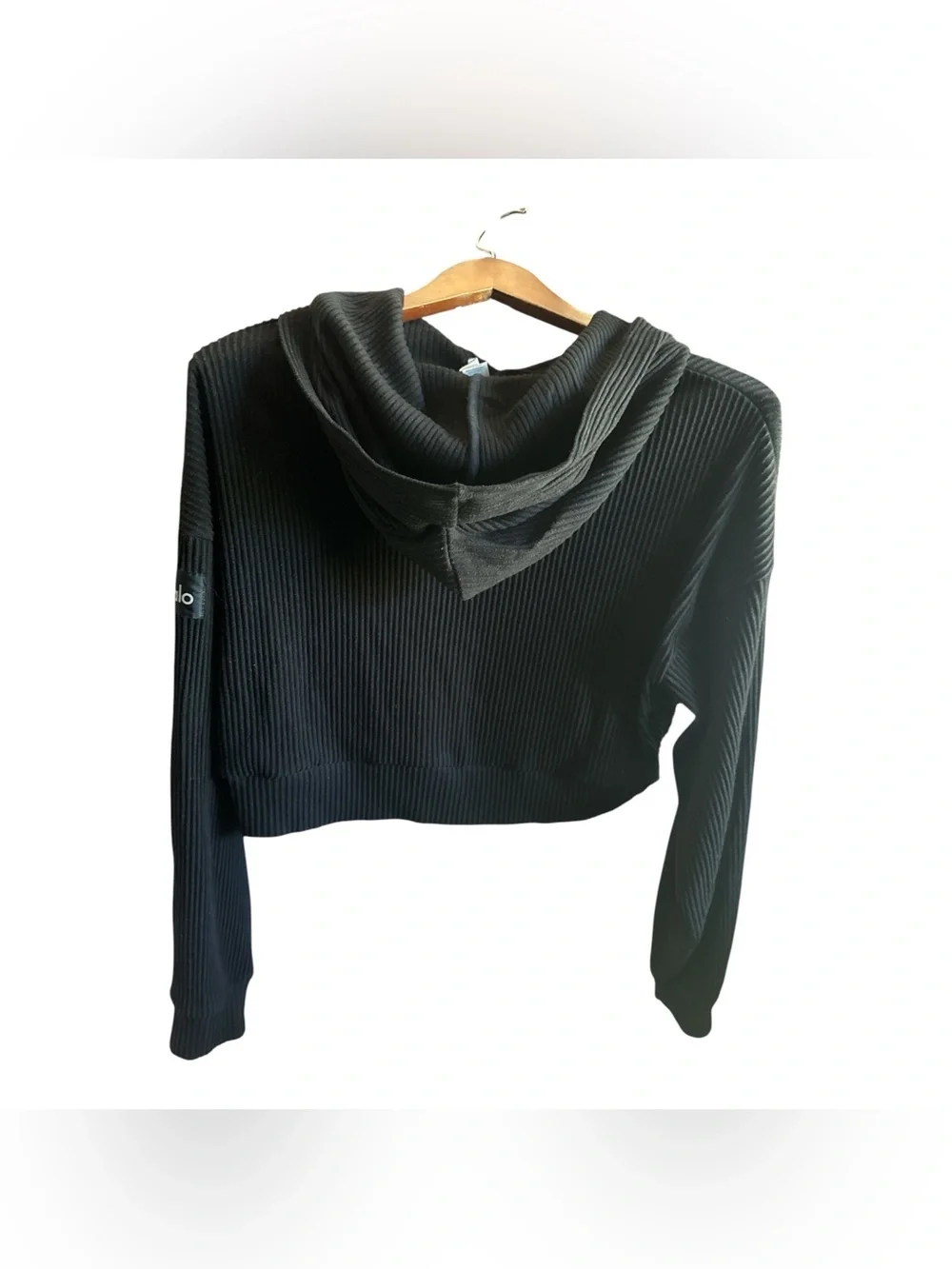 ALO Yoga Cropped Ribbed Hoodie - Black Casual Workout Loungewear Size Small Top